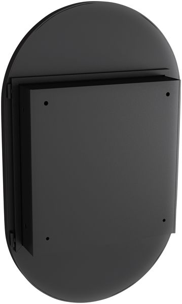 Spiegelschrank oval mit Stauraum, 85x51,5x12 cm – Badezimmerschrank mit Metallrahmen, Spiegelglas und 2 Glasböden in Schwarz Bild 10