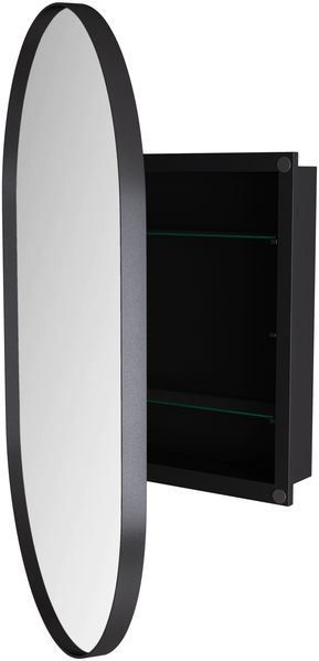 Spiegelschrank oval mit Stauraum, 85x51,5x12 cm – Badezimmerschrank mit Metallrahmen, Spiegelglas und 2 Glasböden in Schwarz Bild 9