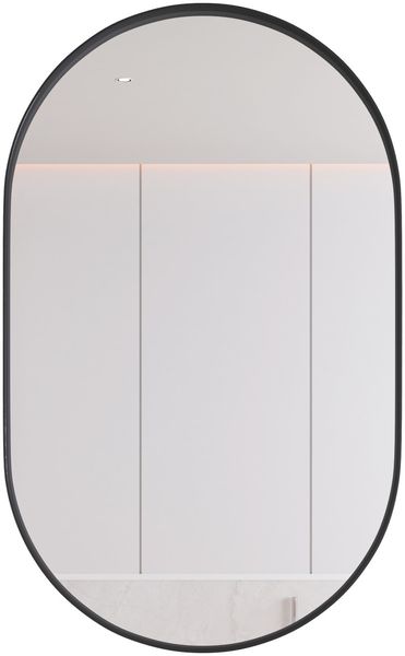 Spiegelschrank oval mit Stauraum, 85x51,5x12 cm – Badezimmerschrank mit Metallrahmen, Spiegelglas und 2 Glasböden in Schwarz Bild 7
