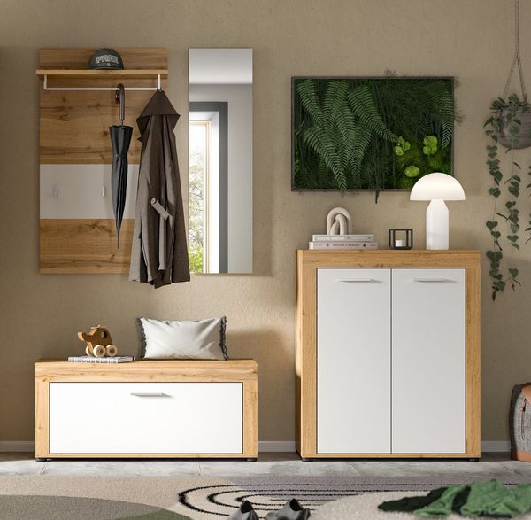 Home affaire Garderoben-Set AOSTA, Breite 200cm, 4-teilige Garderobenkombination, (Set, 4-St, bestehend aus: Sitzbank, Paneel, Spiegel & Kommode), Flurkombination, Kombination, Garderobe, Dielen-Set, Garderobenmöbel