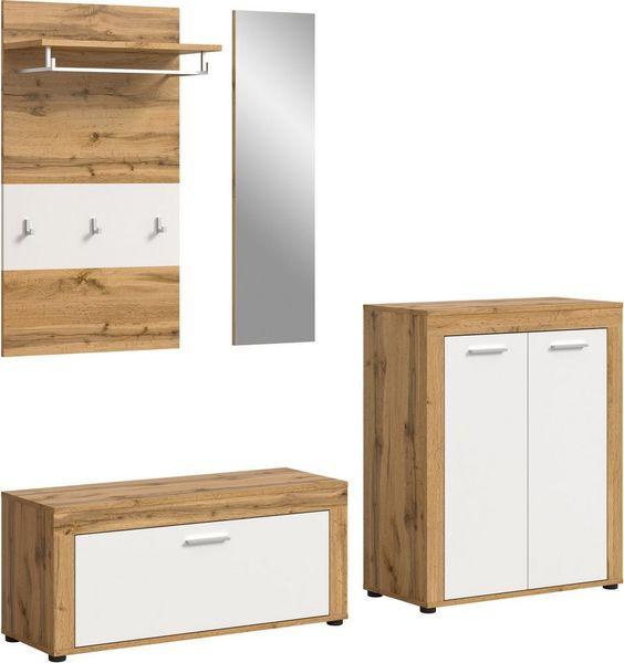 Home affaire Garderoben-Set AOSTA, TOPSELLER!, Breite 200cm, 4-teilige Garderobenkombination, (Set, 4-St, bestehend aus: Sitzbank, Paneel, Spiegel & Kommode), Flurkombination, Kombination, Garderobe, Dielen-Set, Garderobenmöbel