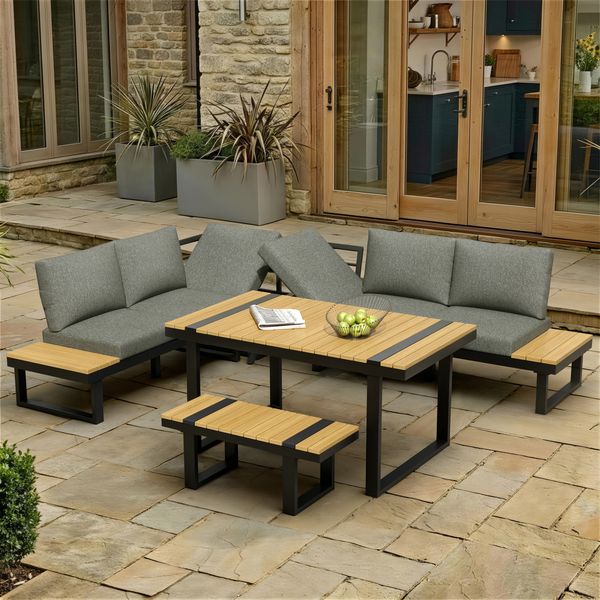 Merax 7-Sitzer Garten-Lounge-Set, Gartenmöbel-Set, mit verstellbarer Neigefunktion (5-stufig, bis 55°), verzinktes Stahlrohr, Tischplatte Kunststoff-Holz, grau+schwarz