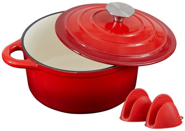 Zedelmaier Bräter Gusseisen Topf 22/24/26cm Incl. Silikon Topflappen Topfuntersetzer, (Set, 1 Pot mit 1 lid, 2 Ofenhandschuhe, 1 Topfuntersetzer), Backofengeeignet Induktionsgeeignet Zum Braten, Schmoren, Kochen