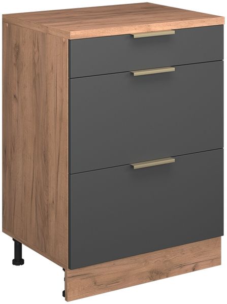 Küchenschrank für Dachschrägen R-Line Anthrazit-Gold 60 cm ohne Schräge mit 3 Schubladen Vicco