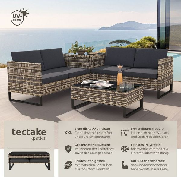 tectake Loungeset Rattan Sitzgruppe inkl. großer Aufbewahrungsbox, für 4 Personen, (Gartenlounge-set Ostuni, 4-tlg, geeignet für Outdoor in Natur), widerstandsfähig und UV-beständig, Dicke der Polster 9 cm