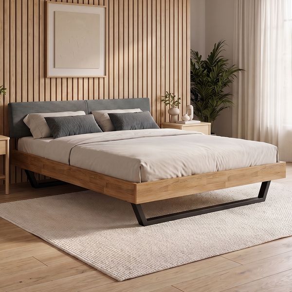 skølm 'Alver' Bett 180x200 cm mit Kopfteil Cord, anthrazit, Massivholzbett natur geölt mit Metallkufen, Doppelbett mit Bettkopf