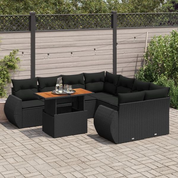 vidaXL 9-tlg. Garten-Sofagarnitur mit Kissen Schwarz Poly Rattan 3327240