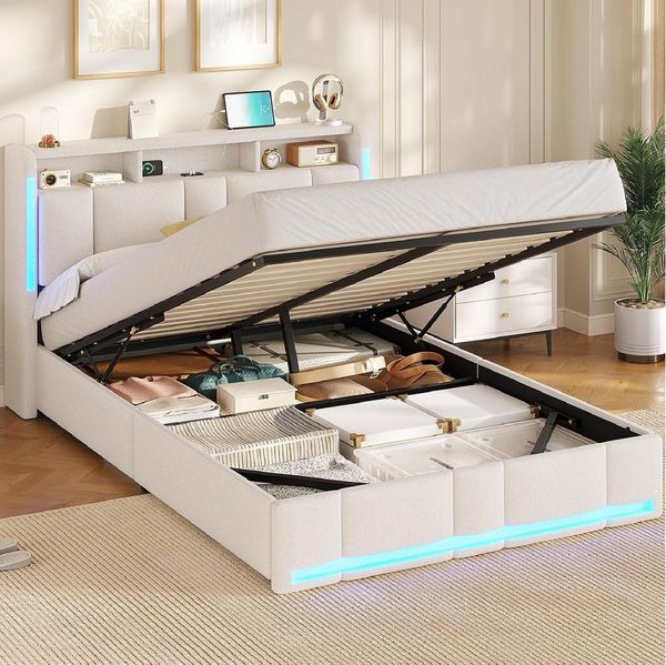 MSMASK Polsterbett mit Steckdosen & LED Beleuchtung, Stauraum und Kopfteil, 150×215 cm, Beige, mit Stauraum & LED Beleuchtung