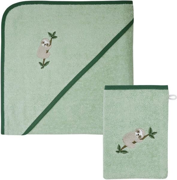 Wörner Handtuch Set Faultier Kapuzenbadetuch 100/100 mit Waschhandschuh, Frottier (Spar-Set, 2-St), mit süßer Stickerei Faultier