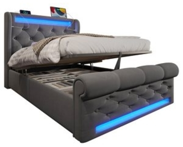 REDOM Polsterbett Hydraulisches Bett mit Samtbezug (Funktionsbett, 1-tlg, 90x200cm, ohne Matratze), mit USB- und Typ-C-Anschlüssen, LED-Leuchten Bild 6