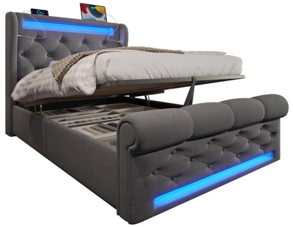 REDOM Polsterbett Hydraulisches Bett mit Samtbezug (Funktionsbett, 1-tlg, 90x200cm, ohne Matratze), mit USB- und Typ-C-Anschlüssen, LED-Leuchten Bild 4
