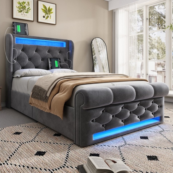 REDOM Polsterbett Hydraulisches Bett mit Samtbezug (Funktionsbett, 1-tlg, 90x200cm, ohne Matratze), mit USB- und Typ-C-Anschlüssen, LED-Leuchten Bild 2