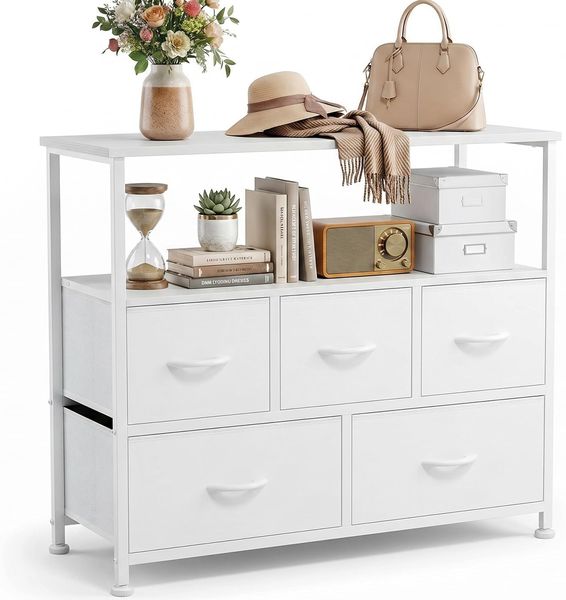 DUMOS Kommode mit Schubladen - kommoden & Sideboards für Schlafzimmer Geeignet, Komodenschrank mit 5 Schubladen, TV-Schrank mit Stahlrahmen,Schrank Klein, Ideal für Flur, Wohnzimmer (Weiß)
