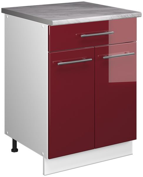 Unterschrank für Spüle/Kochfeld Fame-Line Bordeaux Hochglanz/Weiß 60 cm mit Schublade, AP Marmor Vicco