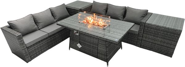 Fimous Rattan Gartenmöbel Set 6-Sitzer Garten Sofa Gas Feuertisch Set mit 2 Beistelltischen