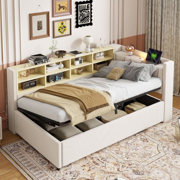 Polsterbett Schlafsofa 90*200 cm, Mit Hydraulischem Stauraum, Mit Nachtlicht, USB- und Typ-C-Ladeanschluss, Mit Ablagen und Staufächern, Gepolstertes Kopfteil, Multifunktionsbett, Samtstoff, Beige