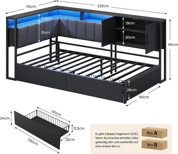 KIMENICH Polsterbett Schlafsofa mit LED-Beleuchtung, Jugendbett mit 2 Schubladen (1-tlg, Ohne Matratze), Kopfteil mit offenem Regal und Schrank, 90x200cm
