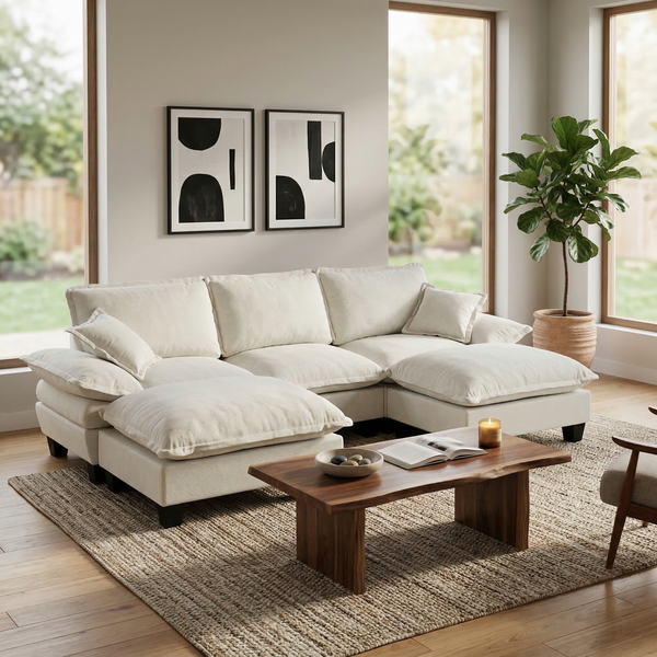 Ecksofa aus Chenille 264x155x90 cm mit Ottomanen-Modul, beige