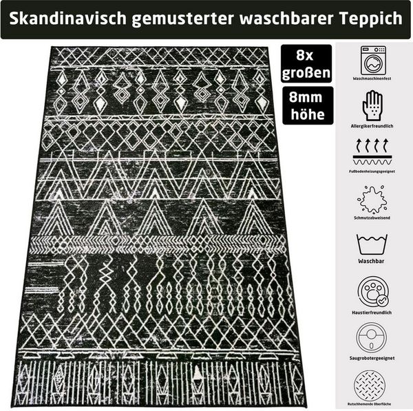 Jungengel Küchenläufer Küchenteppich Skandinavisch Flach Waschbar Teppich Schwarz Weiß, Rechteckig, Höhe: 8 mm, Flache Oberfläche, 8mm, Fußbodenheizungsgeeignet, Saugroboterkomform