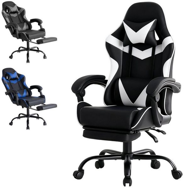 Refined Living Gaming-Stuhl Ergonomie Gaming chair mit Fußstütze, Kopfstütze Massage-Lendenkissen (Verstellbare Neigung auf der Rückseite Höhenverstellbar Computerstuhl), Gepolstert Bürostuhl Drehstuhl 360° für Erwachsene Mädchen Junge