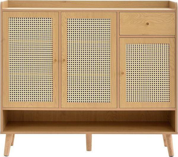 OKWISH Schuhschrank für Flur & Eingangsbereich (Rattan Schuhschrank mit Massivholzbeinen & Magnettüren – Viel Stauraum & kindersicher für Flur & Familien, natürliche Schuhkommode mit 3 Türen & 1 Schublade)