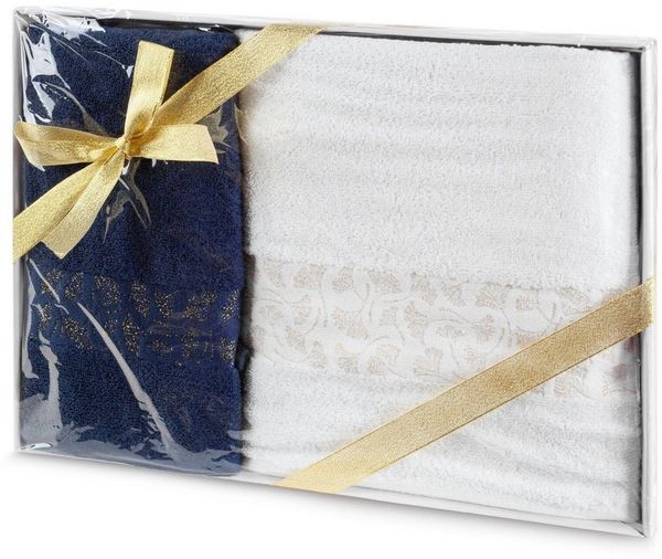 Eurofirany Handtuch Set Eleganter 2er Set Handtuch und Badetuch, Baumwolle, Gingko Muster, Bordüre, im Box verpackt