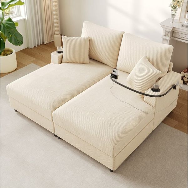 Merax Schlafsofa XXL-Doppelsofa mit Schlaffunktion und USB-Anschluss, Doppelschlafsofa für Wohnzimmer, Schlafzimmer und Heimkino 1 Teile, Relaxsofa Sofa mit 360° Handyhalterung, Getränkehaltern & Kissen