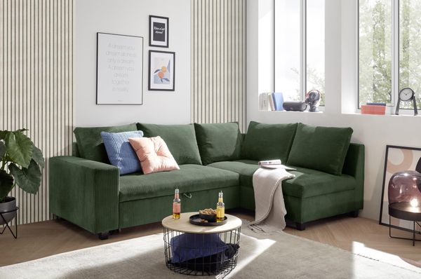 Ecksofa L-Form aus Cordstoff mit Schlaffunktion, grün (Wintermoss) – Liegefläche 147 × 207 cm, Breite 243 cm, Sitzhöhe 45 cm, Modell MIRA
