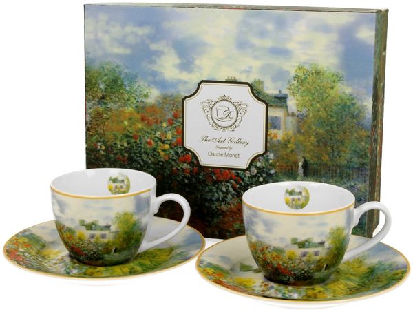 DUO ART GALLERY 2er-Set Espressotassen 90 ml THE GARDEN AT ARGENTEUIL mit Untertassen, New Bone China Porzellan