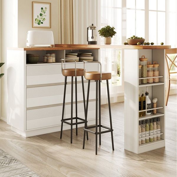 Flieks Bartisch 360° drehbar Esstisch mit Rollen & Kommode mit 6 Schubladen (Tischplatte in Holzoptik, Länge137-215x39 cm, 2-St, 2er Set), Schwenkbar Stehtisch mit Mehrzweckschrank Sideboard Weiß