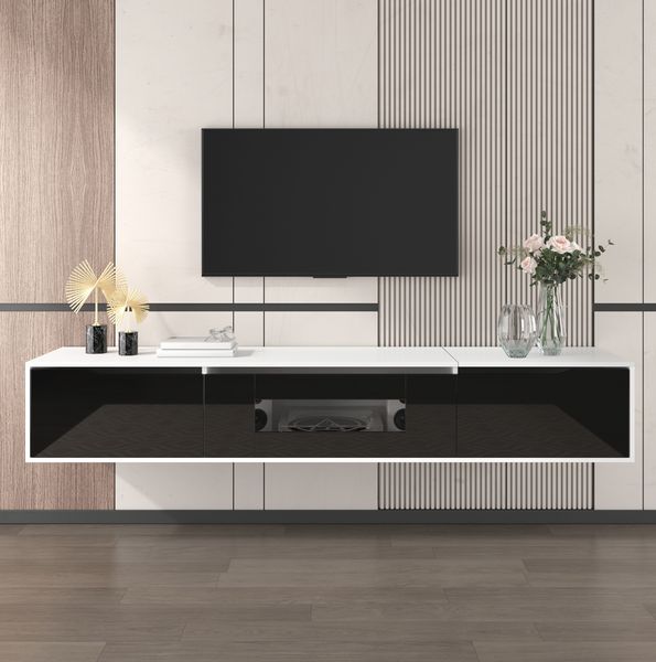 TV-Schrank, schwarze Hochglanzfront (nur Front), mit 16-Farben-LED & geriffelten Türen, 180x35x30 cm