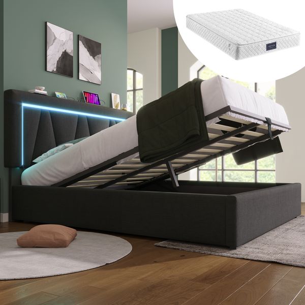Polsterbett 140x200 cm mit Matratze, LED, USB-C und Bettkasten, Leinenstoff in Grau