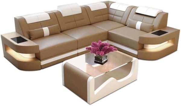 Mini Couch Como L Form in Leder - Echtleder - sandbeige-weiß - Rechts