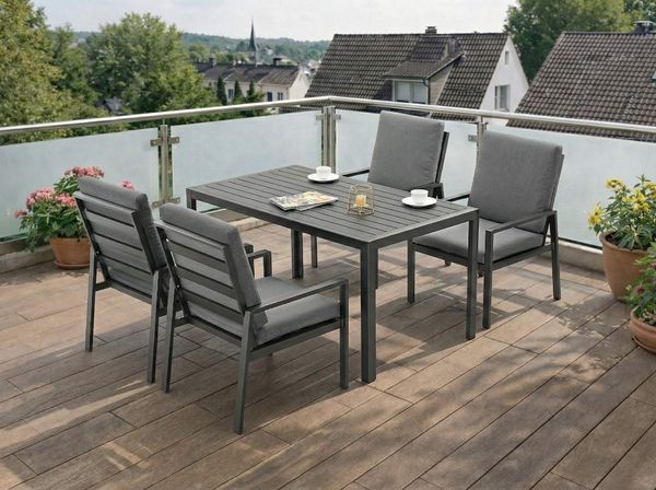 MeXo Gartenlounge-Set Gartenmöbel Set aus Aluminium mit Esstisch, (wetterfest, hoher Sitzkomfort, 5-tlg, bis 140 kg belastbar), mit pflegeleichte Polywood-Tischplatte, geeignet für 4 Personen