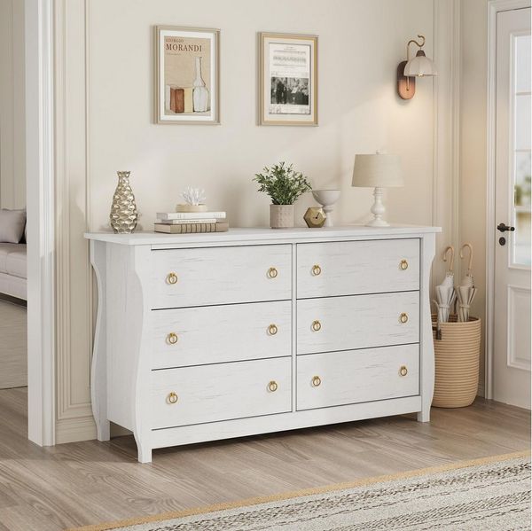 GarveeMore Kommode TV-Schrank mit 6/7 tiefe Schubladen für Schlafzimmer, Wohnzimmer, Flur, im Boho-Modern-Stil, geschwungenes Design, Weiß, 120×40×75 cm