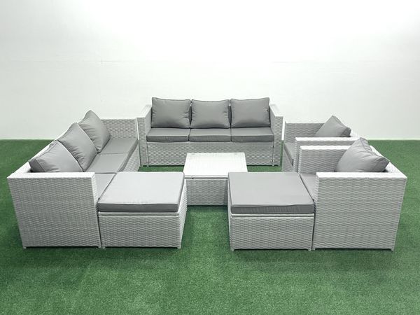 Fimous Rattan Sofa Gartenmöbel Set mit 2 Sesseln Quadratischer Couchtisch 2 hohen Hockern Hellgrau gemischt