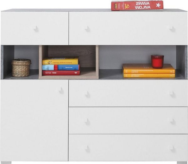 Lomadox Kommode SEATTLE-133, Sideboard 110cm breit in Beton, weiß und Eiche