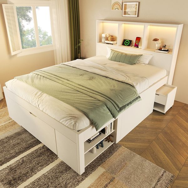 Polsterbett 90×200 cm aus Holz mit LED-Beleuchtung und Ladestation, weiß