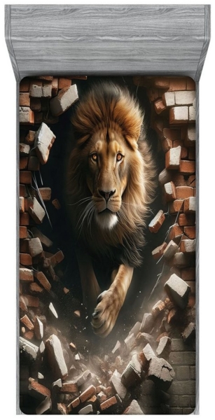 Abakuhaus Spannbettlaken Soft Dekorativer Stoff Bettwäsche Rund-um Elastischer Gummizug, Löwe König, der aus einer Ziegelwand hervorgeht