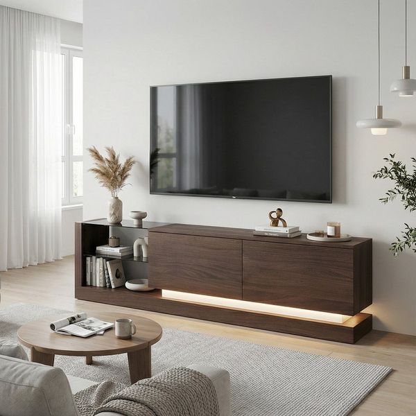 FUFU&GAGA Lowboard 160 cm, mit LED-Beleuchtung und Glasböden, Walnussfarbe