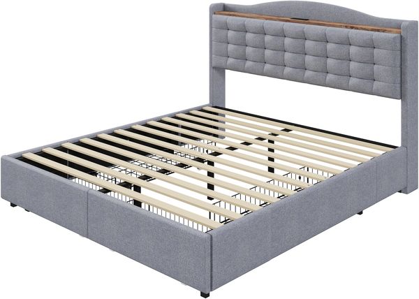 Polsterbett 140×200 cm mit 4 Schubladen, USB-Anschluss und Ablage, Grau, ohne Matratze Bild 8