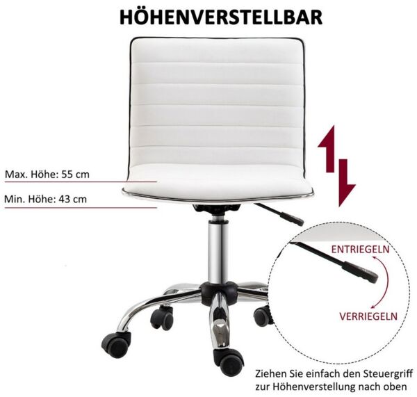 MC Star Bürostuhl ohne Armlehnen, höhenverstellbar 78-90H cm, Kosmetikstuhl (bis 120kg, Leder, Weiß)