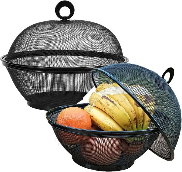 FELIXLEO Obstschale 2er Set Obstkorb mit Deckel Metall Schwarz Modern Fliegenschutz, (1-tlg)