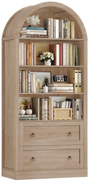 Homfa Bücherregal gewölbter Bücherschrank mit 2 Schubladen, Standregal mit 8 offenen Fächern Büroregal Holz 177x79,5x36cm