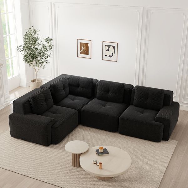 Flieks 3-Sitzer Modulares Ecksofa, Cloud Sofa Cord rahmenlos, Lounge Sofa bodennah, mit breiten Armlehnen, Schwarz