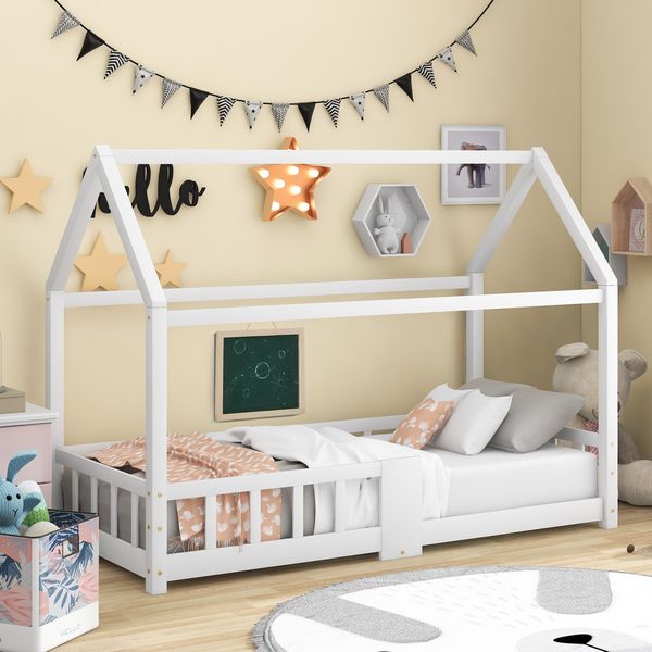 Kindereinzelbett 90×200 cm aus Massivholz mit Tafel und Rausfallschutz, weiß