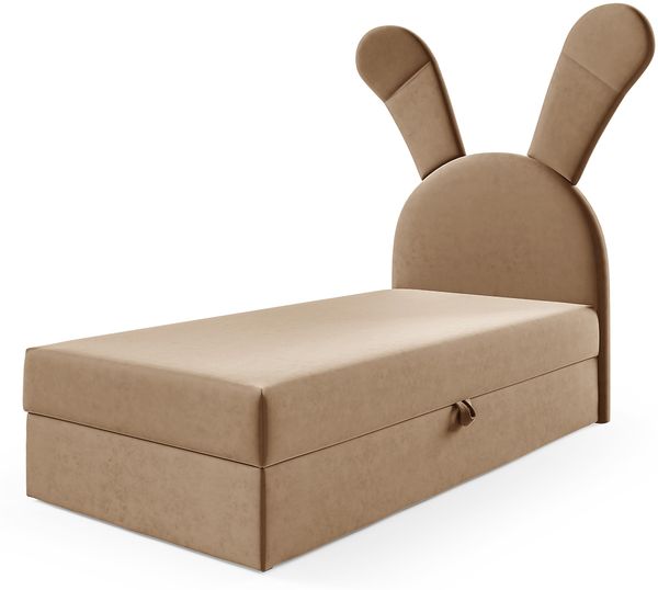 MEBLINI Kinderbett mit Bettkasten KANINCHEN 100x200 Rechts – H3/Braun Samt Gepolstert Einzelbett mit Matratze - Polsterbett mit Stauraum - Bett mit Kopfteil – Stauraumbett