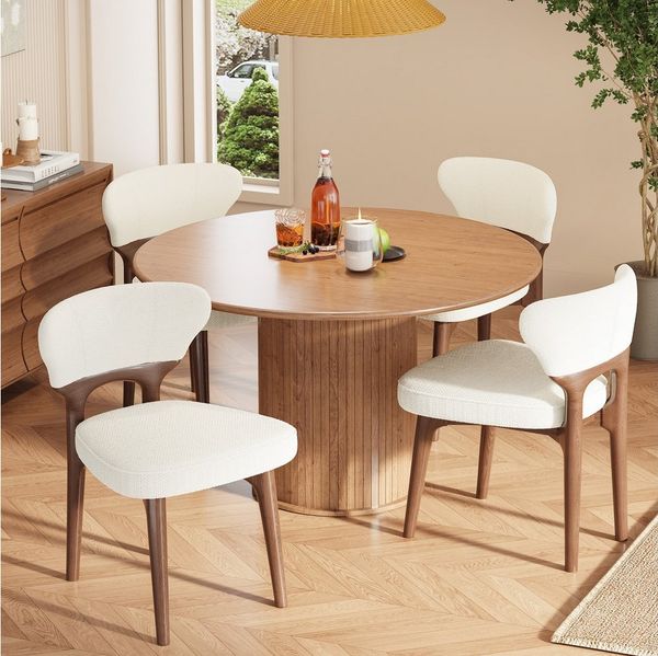 Flieks Esszimmerstuhl Gestell aus Massivholz in Walnussholzfarbe, Bezug aus Chenillestoff (Set, 4 St), 4er Set Polsterstühle Wohnzimmerstuhl Küchenstuhl Hellbeige