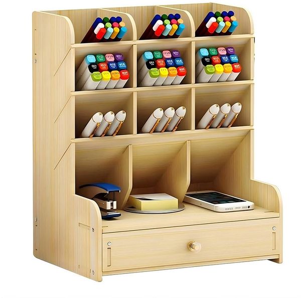 TUWENA Aufbewahrungsdose Stifthalter Aufbewahrungsbox aus Holz mit Schublade, Multifunktionaler Schreibtisch Organizer für Zuhause, Büro und Schule