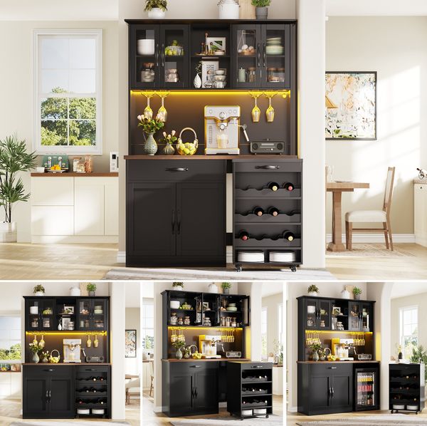 140cm Küchenschrank mit Rollwagen, Hochschrank mit LED-Beleuchtung, Pantryschrank mit Weinglasregal & Weinregal, Beleuchteter Sideboard Schrank für Wohnzimmer, Esszimmer
